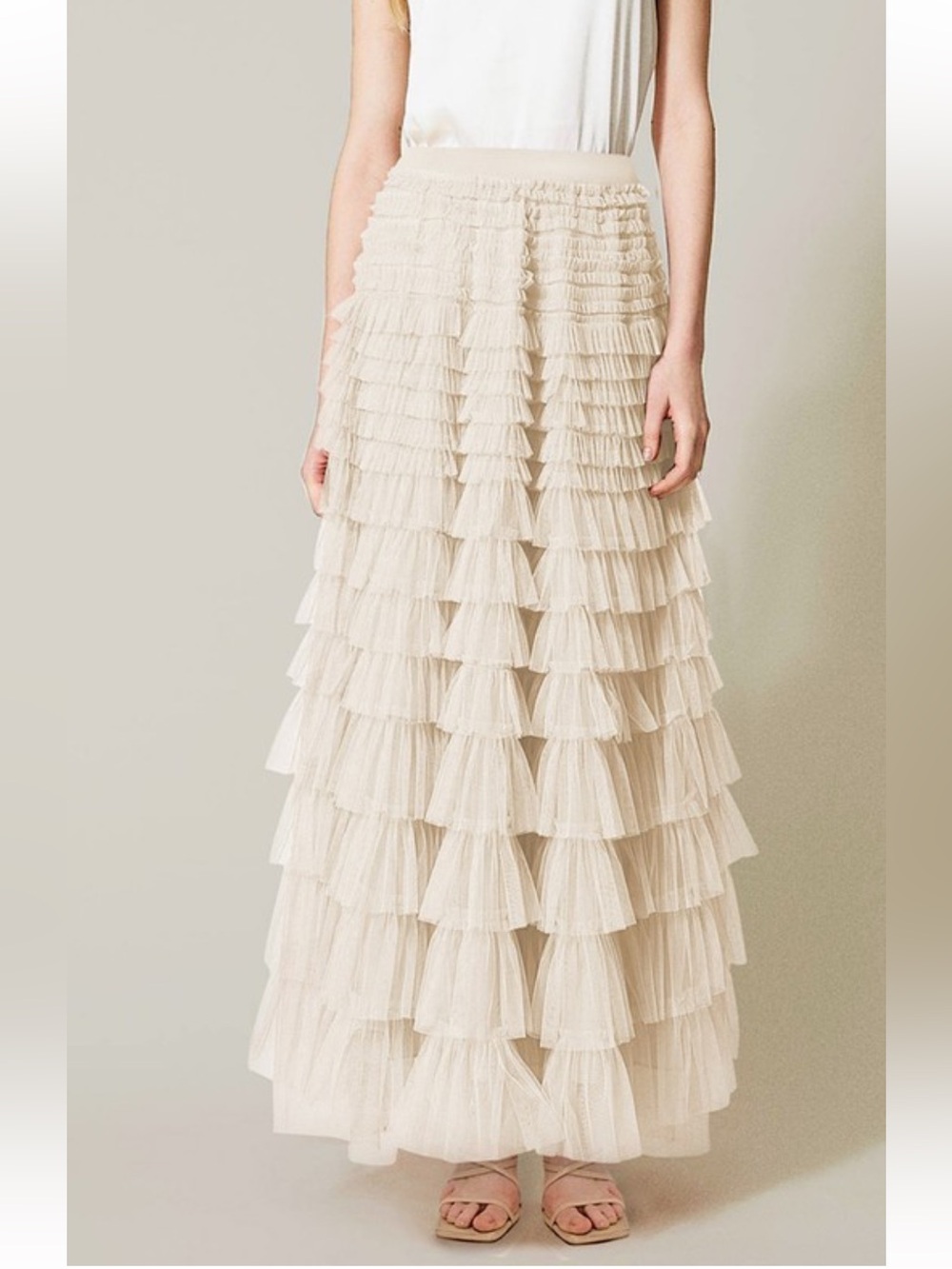 ShopEvelynne Cream Tiered Tulle Maxi Skirt